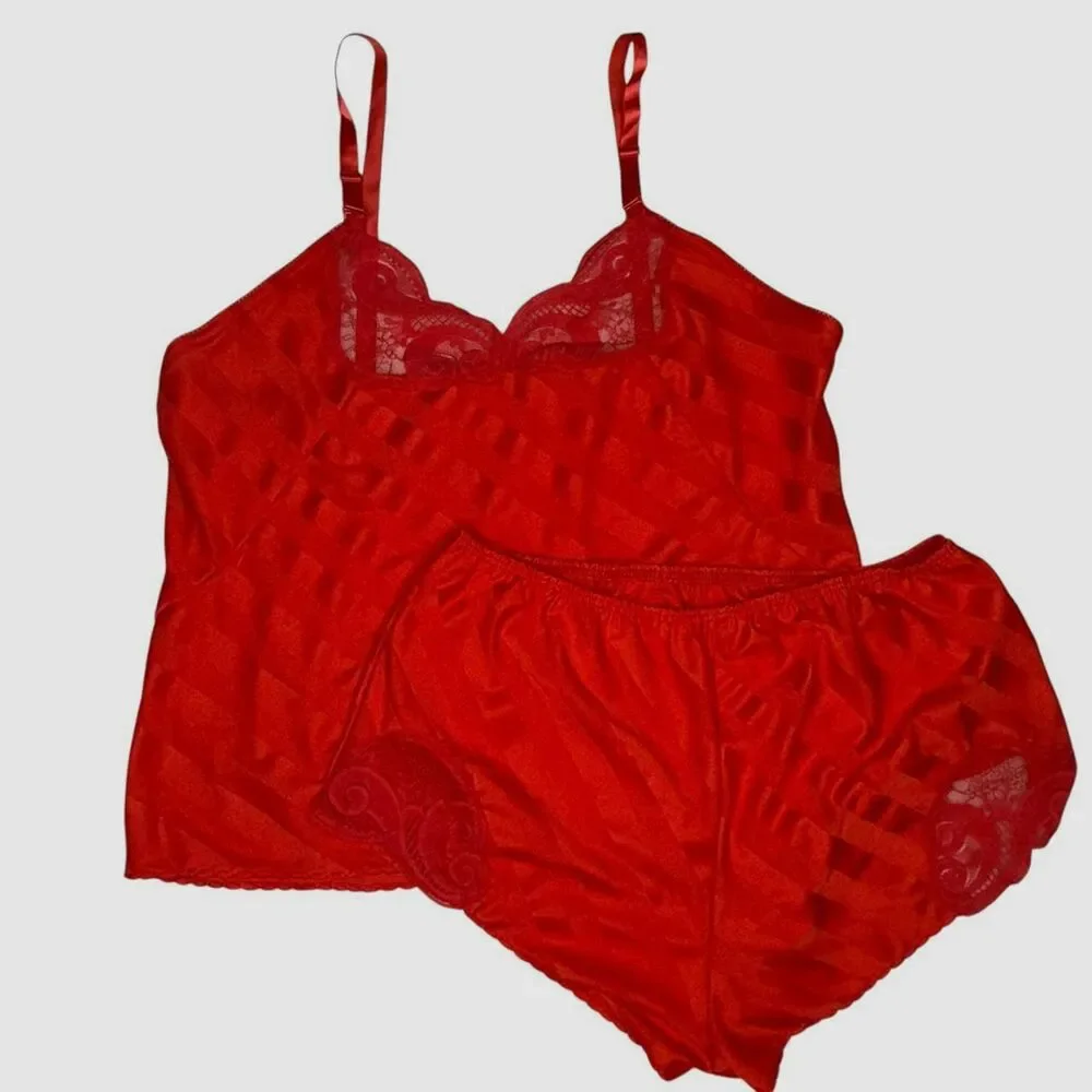 Vintage red lace and satin loungewear cami and shorts set